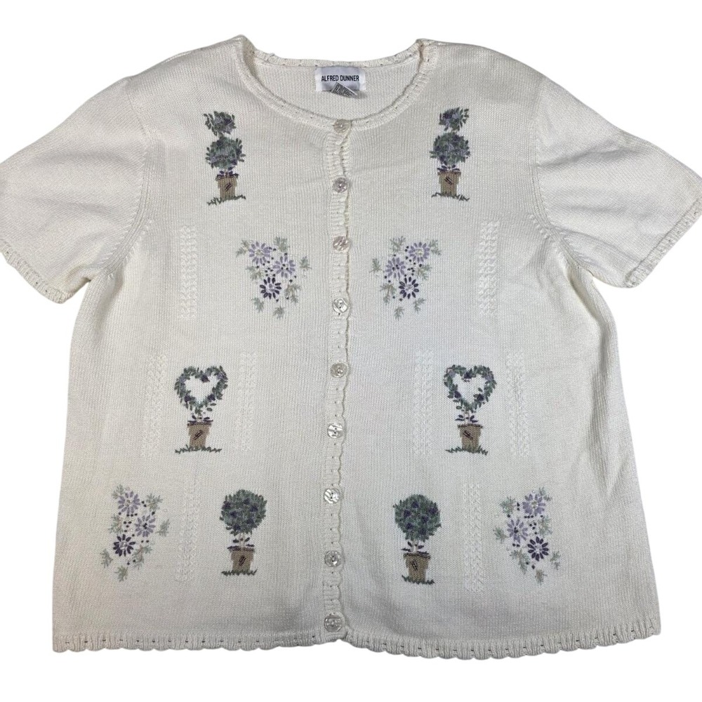 Vintage Alfred Dunner White Embroidered Short Sleeve Knit Cardigan 1X Summer - Picture 1 of 7